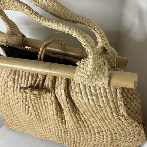 VTG Boho Mid-century Natural Straw Raffia Bag Tote Bamboo Accent Summer Beach - Picture 8 of 16